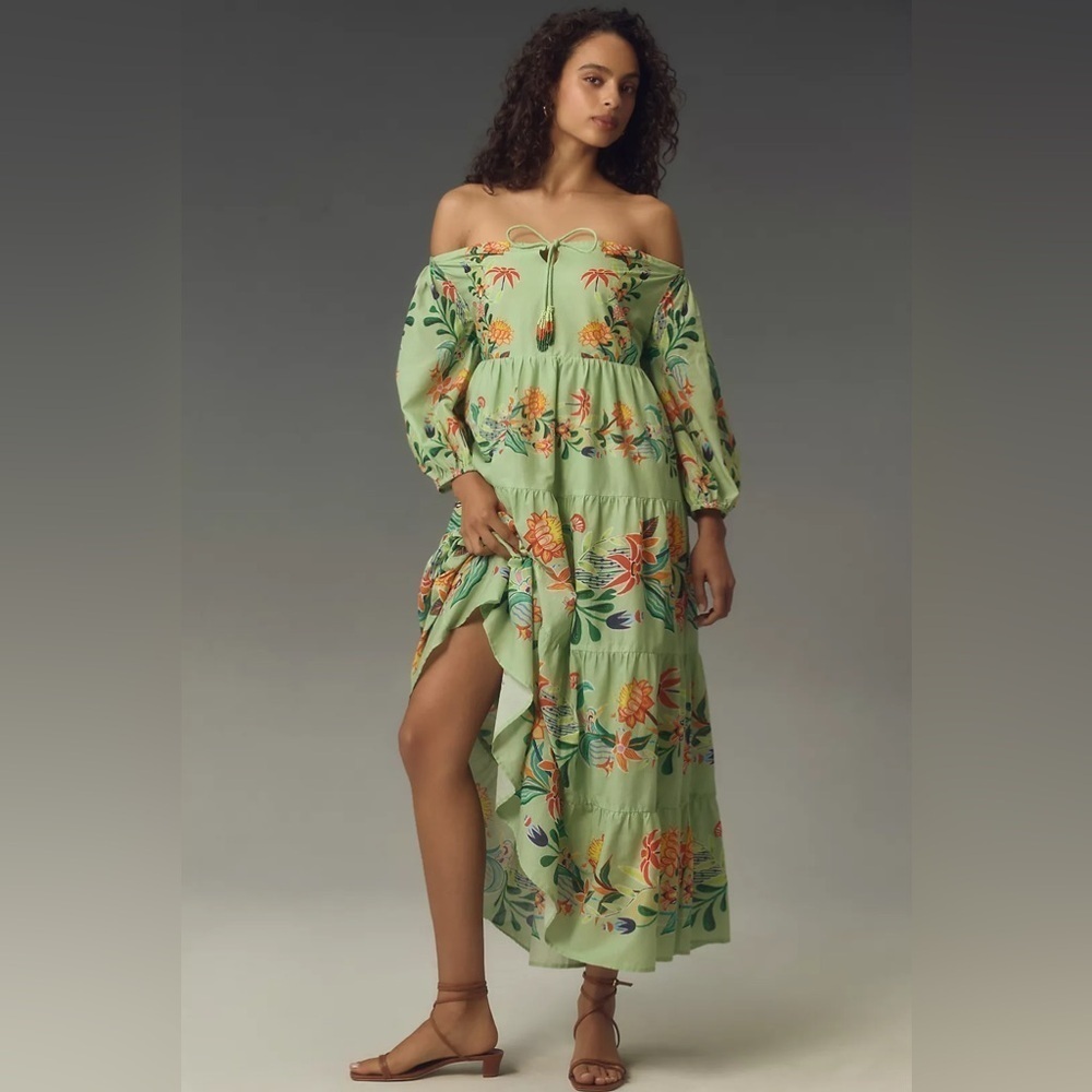 Fam Rio Off-The-Shoulder Long-Sleeve Tiered Floral Midi Dress